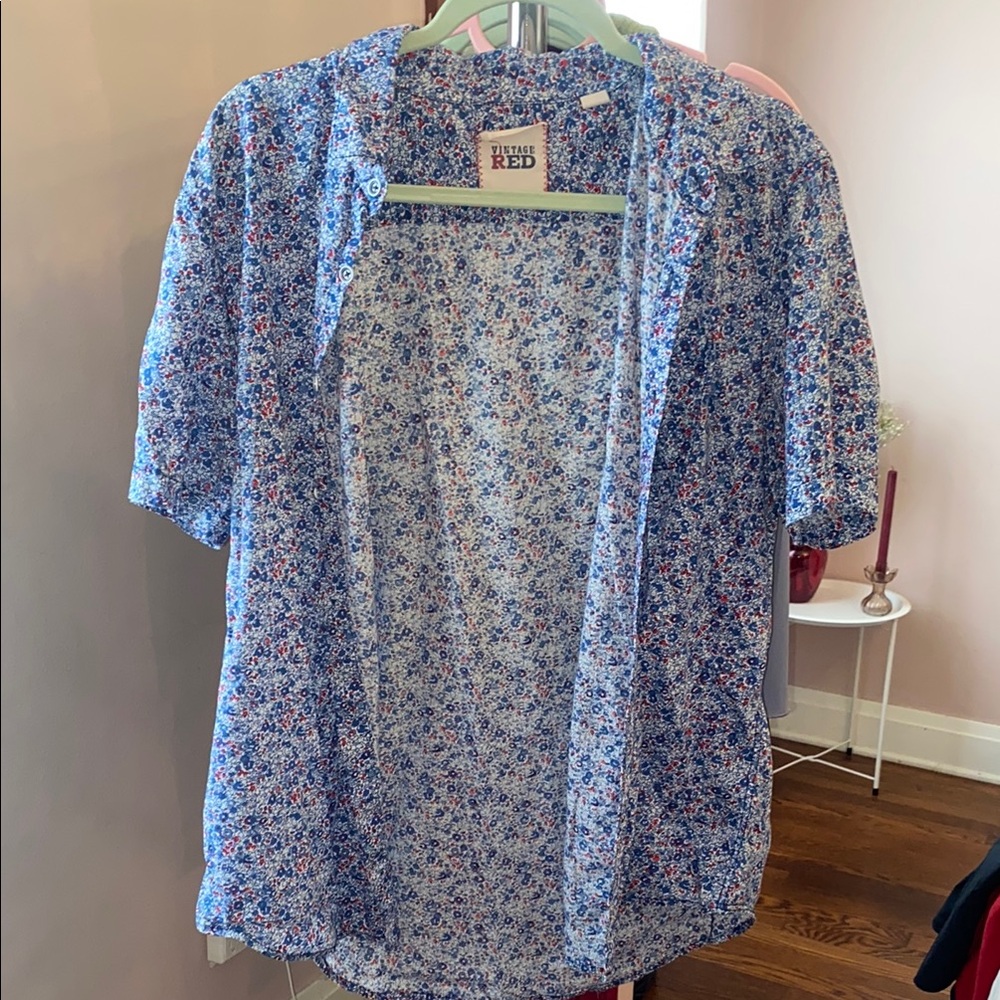 Vintage Red Blue Floral Blouse
